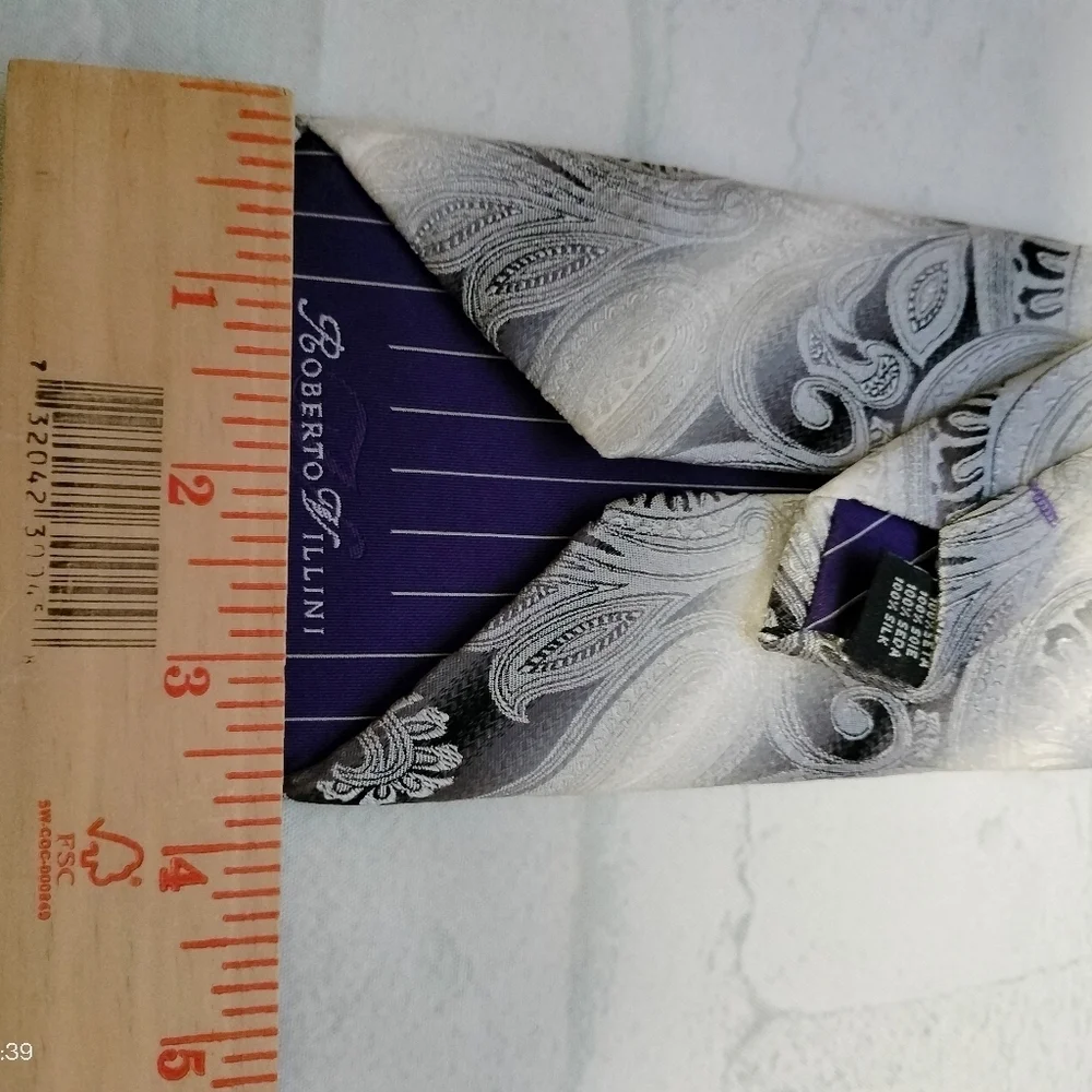 Robert Villini Couture Silk Necktie Tie Sevenfold Silver Gray Paisley Luxury